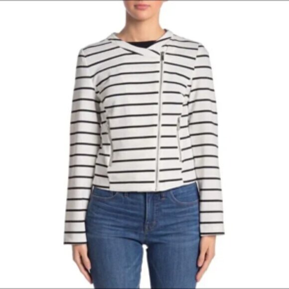 NWT Bagatelle Aysmmetrical Draped Lapel Striped Knit Moto Jacket PM - Picture 16 of 16